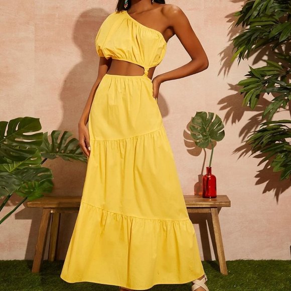 Dresses & Skirts - YELLOW PUFF SLEEVE ONE SHOULDER CUT OUT DETAIL MAXI DRESS SUMMER VACAY
